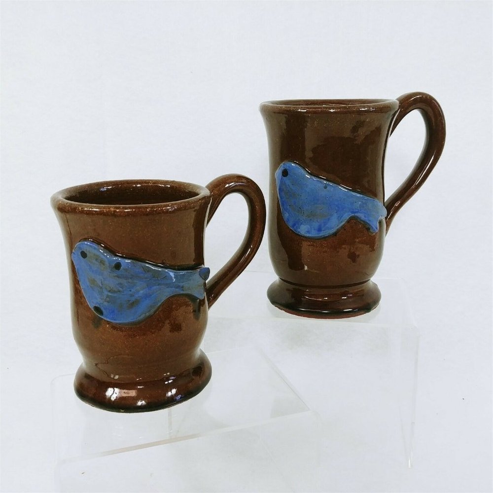 Mugs Pottery Bluebirds Artisan Handmade Signed Dated Set of 2 Different Sizes